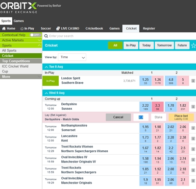 Example of odds sales during a cricket match