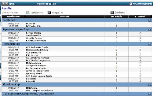 Results of sports matches on the website
