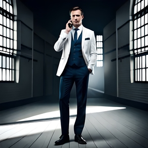 Image descriptionWell-dressed punter holding a telephone in the sea