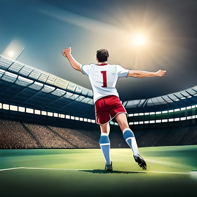 A footballer making the victory sign from behind on a sports field